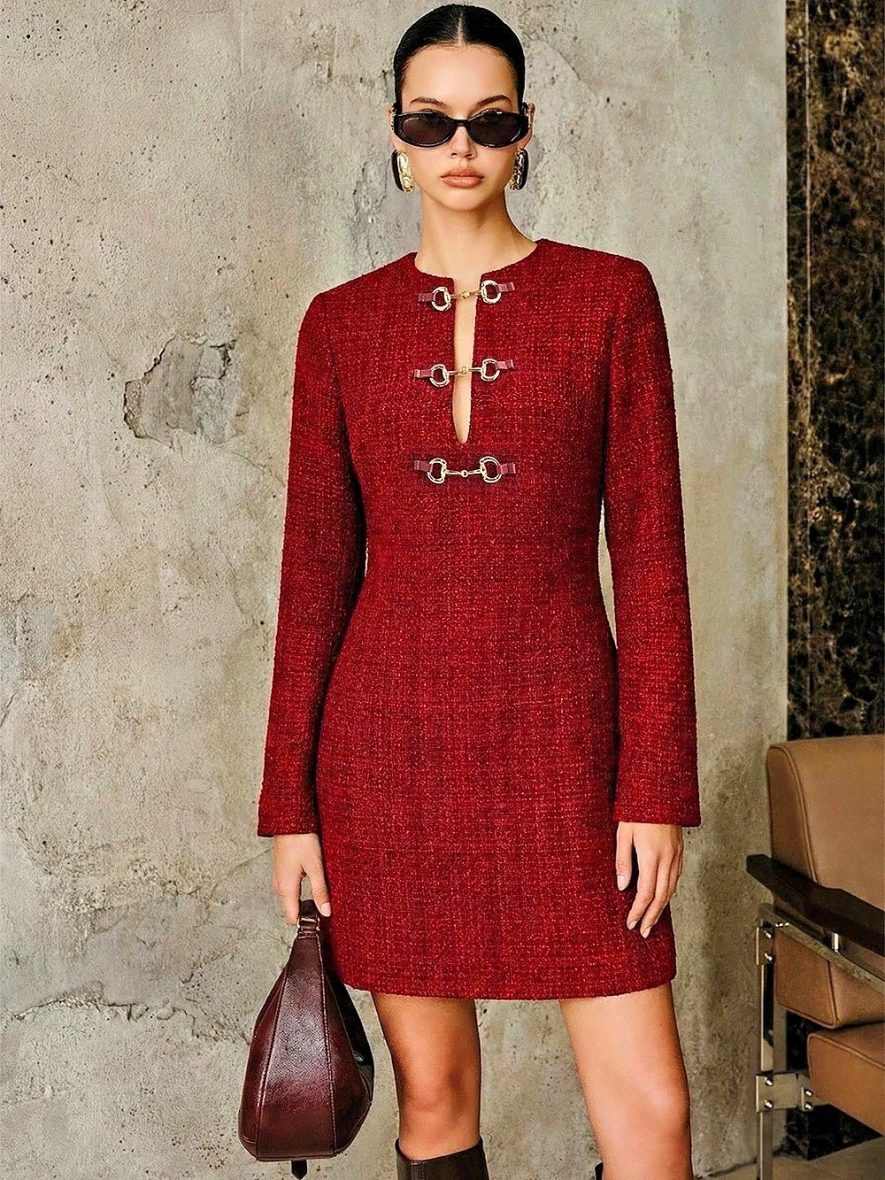 Metal Buckle Tweed Mini Dress